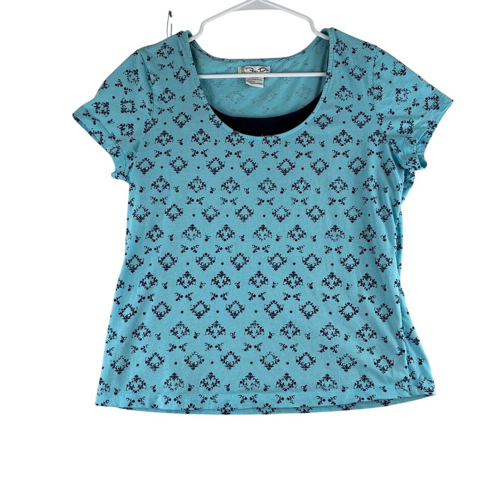 Vintage Fu Da Y2K Tee Top Women's Large Blue Baroque Layer Lined 90's Cap Sleeve
